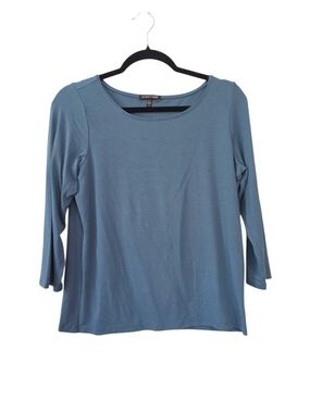 Eileen Fisher Blue Scoop Neck Jersey Knit 3/4 Sleeve Tee Size Small